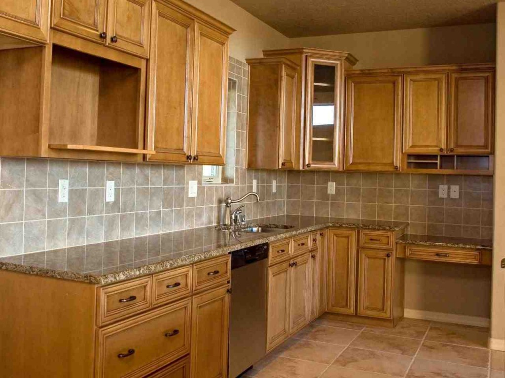 small kitchen grey wall oak cabinet